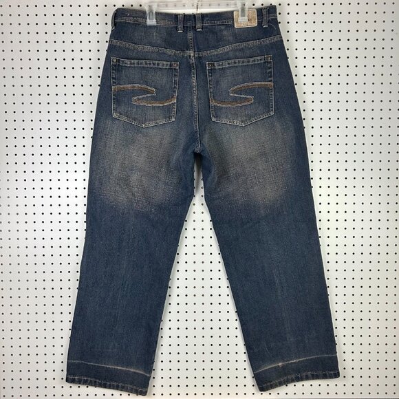 Koman Y2K Grunge Blue Jeans 38x32 Baggy Wide Leg Dark Wash Stitched Skater Punk - Picture 1 of 6